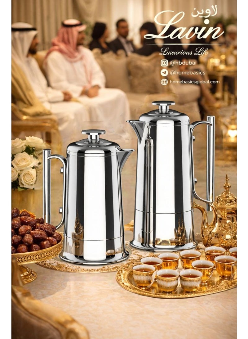 Lavin Luxury Flask Set 600ml+1Liter / Arabic Fashion Coffee (Kawa) & Tea Thermos / Premium Glass Inner / Hot&Cold / Full Silver