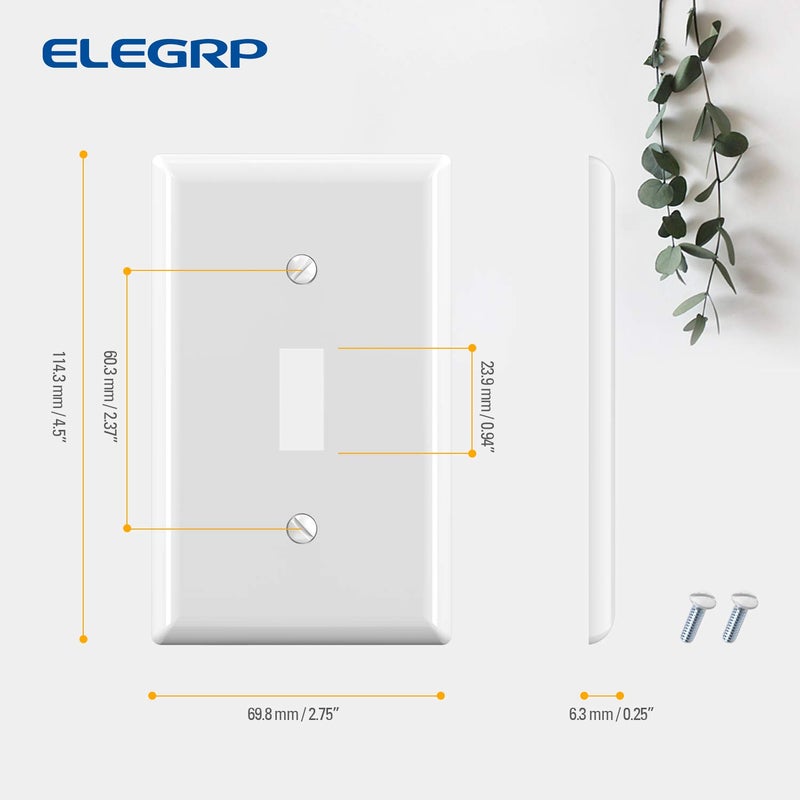 ELEGRP لوحة حائط مفتاح إضاءة Elegrp، أغطية مفاتيح قياسية أحادية الفتحة، أغطية بديلة من البولي كربونات غير قابلة للكسر، مدرجة في قائمة UL، براغي متطابقة اللون متضمنة (عبوة من 5 قطع، أبيض لامع) - Image 5