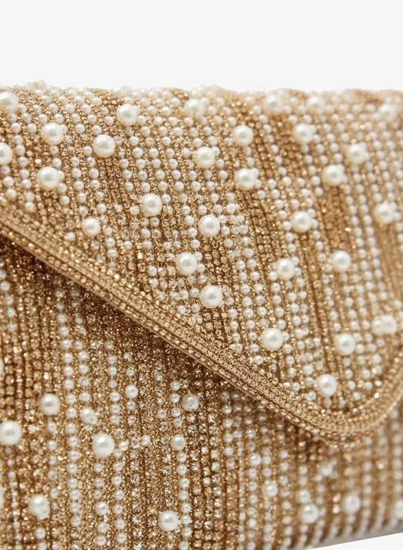 Viny Viny Women's Pearl & Crystal Stripe Envelope Clutch – Embellished Evening Bag for Parties, Weddings & Formal Occasions – Black, Champagne