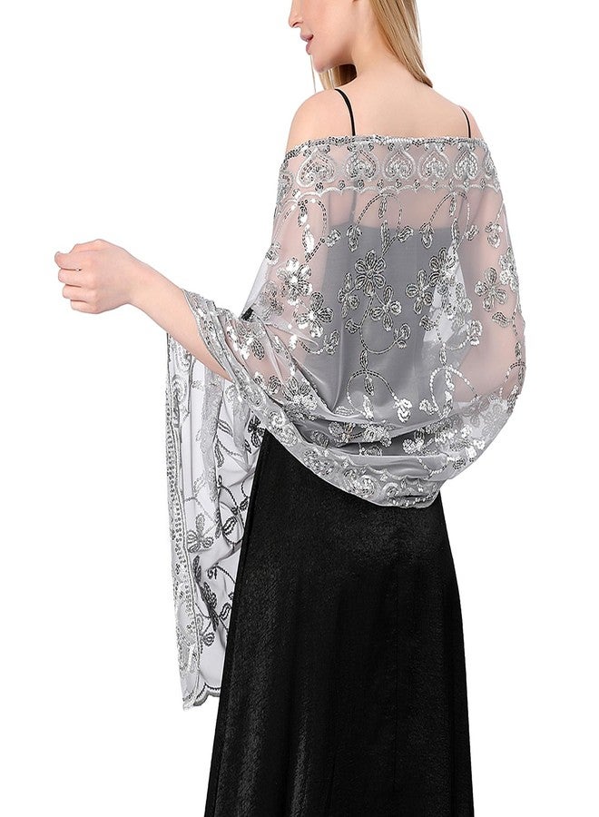 Ladiery Sequin Floral Shawls and Wraps for Evening Dresses,Women sparkly Sheer Mesh Wedding Shawls for Evening Party - Image 1