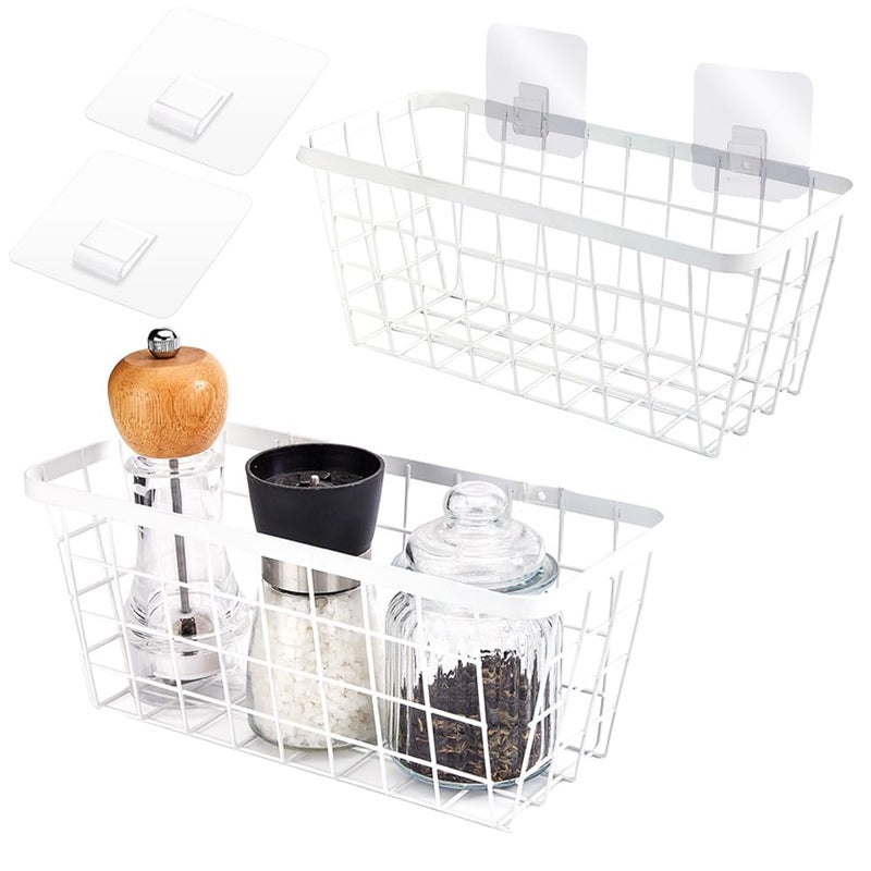 LeleCAT White Hanging Kitchen Baskets For Storage Adhesive Sturdy Small Wire Storage Baskets with Kitchen Food Pantry Bathroom Shelf Storage No Drilling Wall Mounted 2 PACK White - Image 2