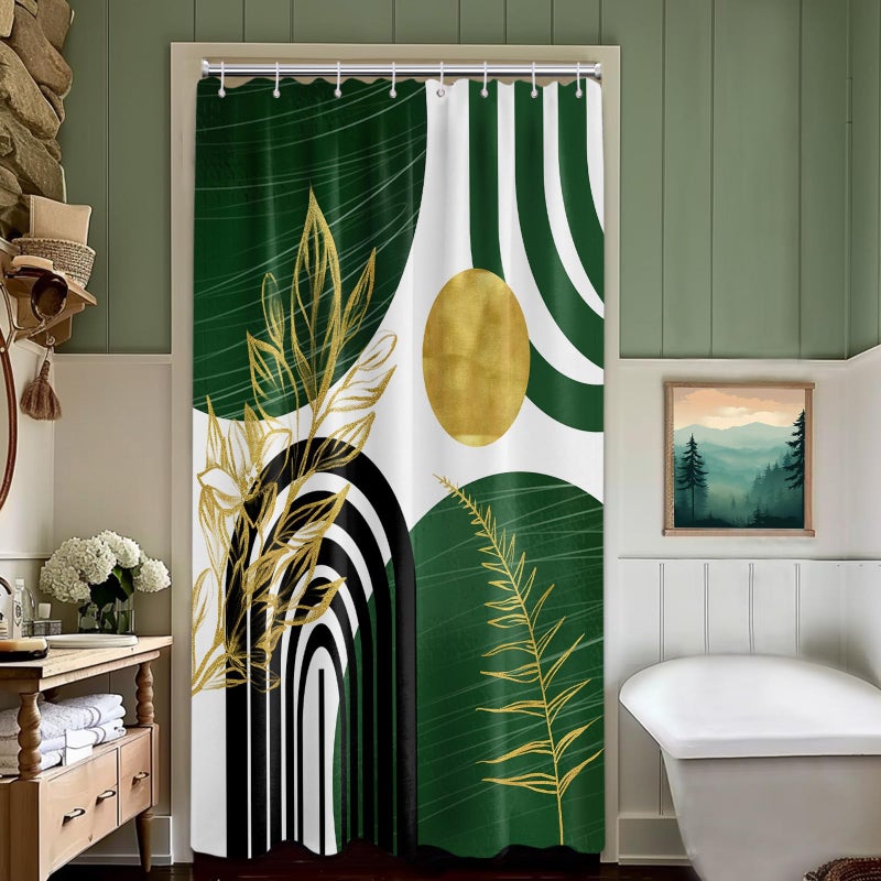 QGHOT Olive Green and Gold Shower Curtain Modern  Boho Mid Century Shower Curtains for Bathroom Decor MCM Minimalist Leaf Simple Bath Curtain Set  Waterproof Fabric  36"" W x 72"" L - Image 1
