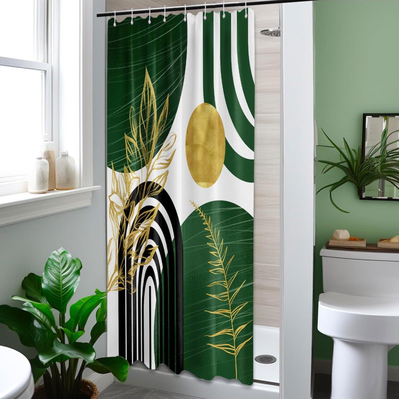 QGHOT Olive Green and Gold Shower Curtain Modern  Boho Mid Century Shower Curtains for Bathroom Decor MCM Minimalist Leaf Simple Bath Curtain Set  Waterproof Fabric  36"" W x 72"" L - Image 2