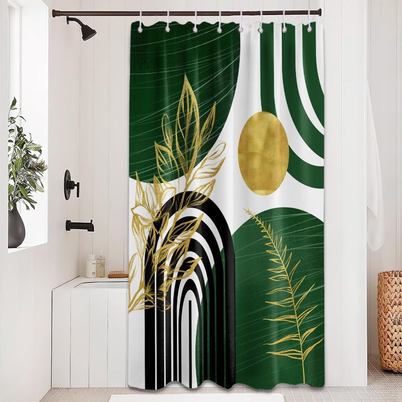 QGHOT Olive Green and Gold Shower Curtain Modern  Boho Mid Century Shower Curtains for Bathroom Decor MCM Minimalist Leaf Simple Bath Curtain Set  Waterproof Fabric  36"" W x 72"" L - Image 3
