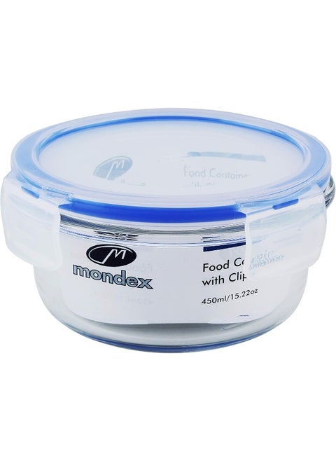 Mondex 450Ml Round Glass Food Storage Container With Blue Lid