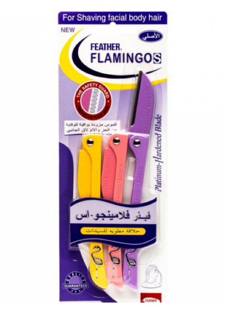 Feather Flamingo blades for women for removing facial and body hair consisting of 3 blades yellow/pink/purple  - Image 1