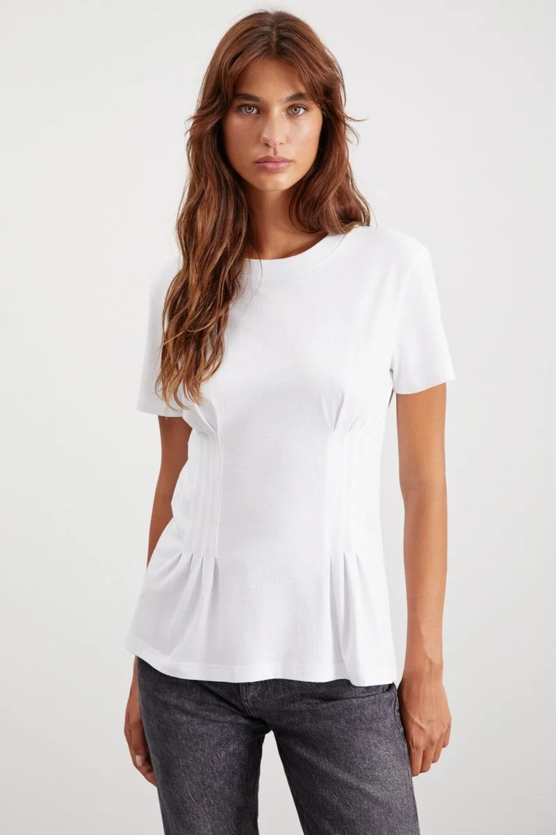 GRIMELANGE Jessia Women's Crew Neck 100% Cotton Corset Detailed White T-shirt
