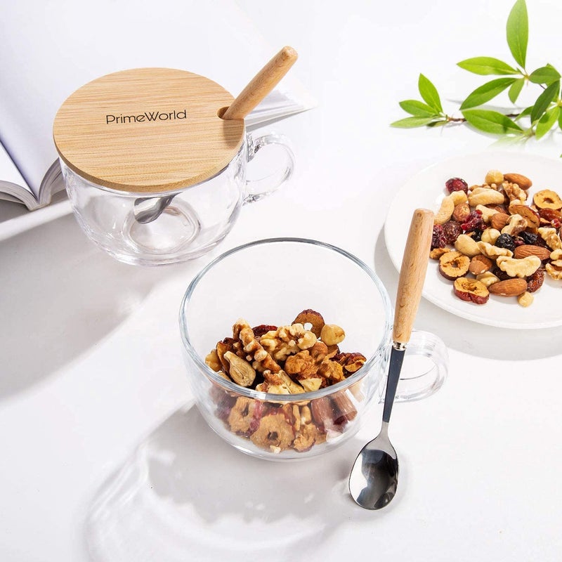 PrimeWorld كوب قهوة زجاجي آمن في غسالة الصحون والميكروويف مع غطاء ومعلقة فولاذية مجموعة من 1 قطعة مع ملعقة خشبية لفطور الشاي والحليب والمشروبات والشوفان والزبادي والنودلز والحساء وغيرها - Image 3