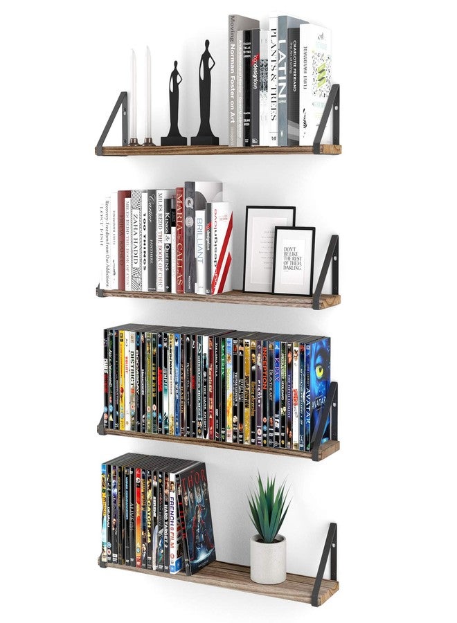 Wallniture Ponza Wood Floating Shelves for Wall, Rustic Wall Shelves for Living Room, 24" Bookshelf and DVD Storage Shelf Set of 4, Natural Burned - Image 1