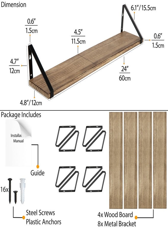 Wallniture Ponza Wood Floating Shelves for Wall, Rustic Wall Shelves for Living Room, 24" Bookshelf and DVD Storage Shelf Set of 4, Natural Burned - Image 2