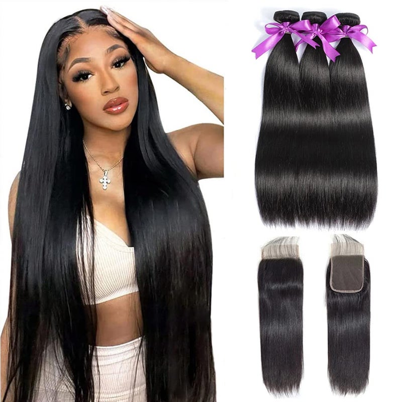 WOWQUEEN Straight Bundles with Closure Human Hair 20 22 24+18 Brazilian Human Hair Bundles with Closure Straight 100% Unprocessed Virgin Weave Hair Bundles with Lace Closure - Image 1