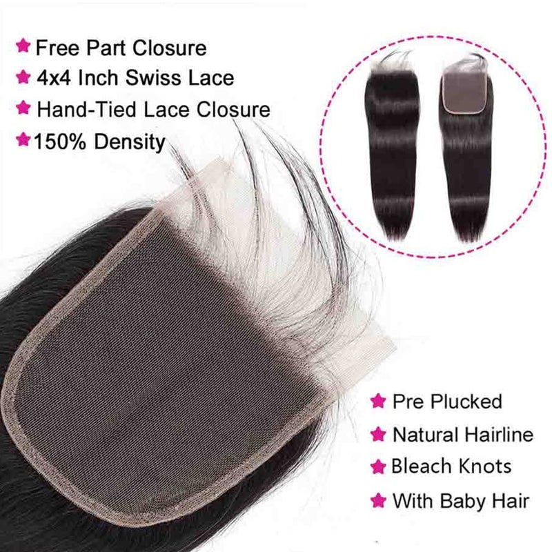 WOWQUEEN Straight Bundles with Closure Human Hair 20 22 24+18 Brazilian Human Hair Bundles with Closure Straight 100% Unprocessed Virgin Weave Hair Bundles with Lace Closure - Image 4