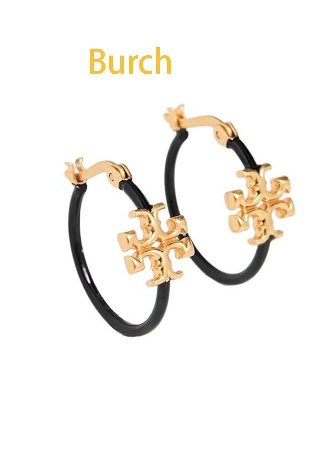 Burch Women's earrings, black circle surrounds the double T classic logo, exquisite, small and elegant - Image 2