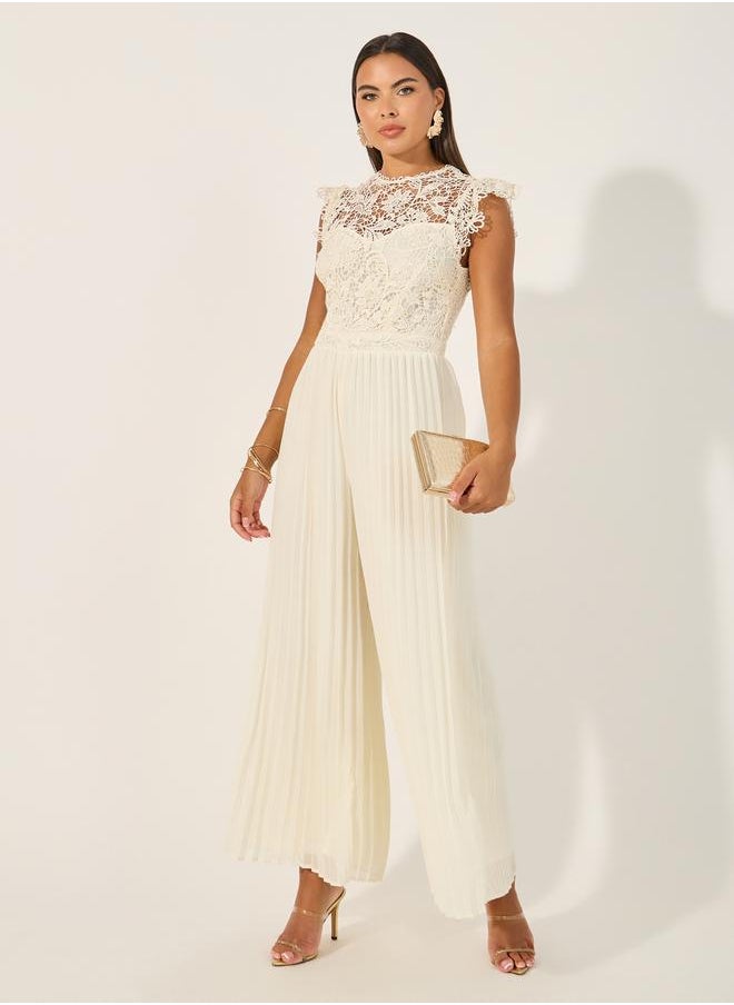 Styli Lace Insert Frill Detail Pleated Wide Leg Jumpsuit  - Image 1