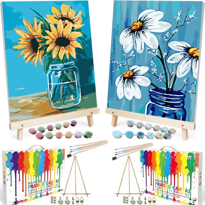 BAISITE Paint by Numbers Kit for Adults Beginners,8" Wx12 L 2 Pack Canvas for Painting Kits for Adults in Colorful Box 0304 Already Framed - Image 1