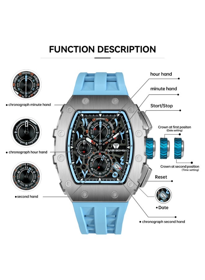 تسار بومبا ساعات الرجال الفاخرة مربع الرجال ساعة كرونوغراف 50M الماء زجاج الياقوت اليابان حركة الكوارتز TMI VK67 حزام السيليكون كلاسيكي Tonneau تصميم تقويم مضيئ ساعات المعصم - Image 5