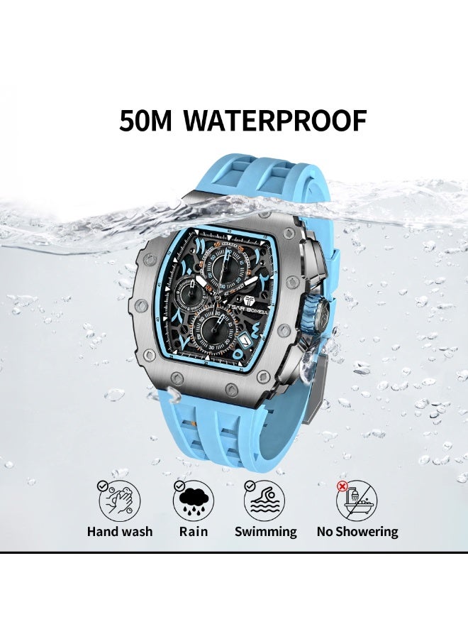 تسار بومبا ساعات الرجال الفاخرة مربع الرجال ساعة كرونوغراف 50M الماء زجاج الياقوت اليابان حركة الكوارتز TMI VK67 حزام السيليكون كلاسيكي Tonneau تصميم تقويم مضيئ ساعات المعصم - Image 4