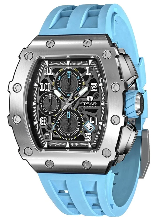 TSAR BOMBA Watches Men Luxury Square Mens Watch Chronograph 50M Waterproof Sapphire Glass Japan Quartz Movement TMI VK67 Silicone Strap Classic Tonneau Design Luminous Calendar Wrist Watches
