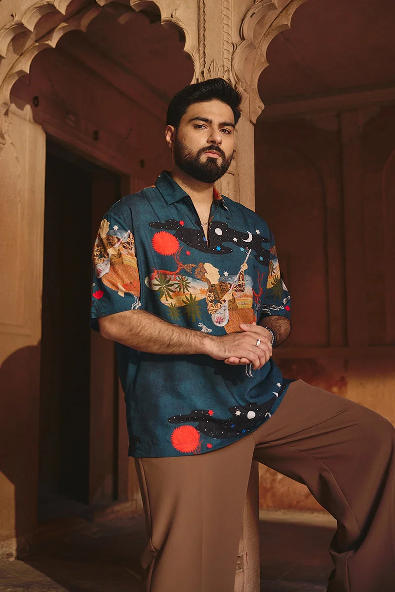 سنيتش Teal Printed Half Sleeve Relaxed Shirt