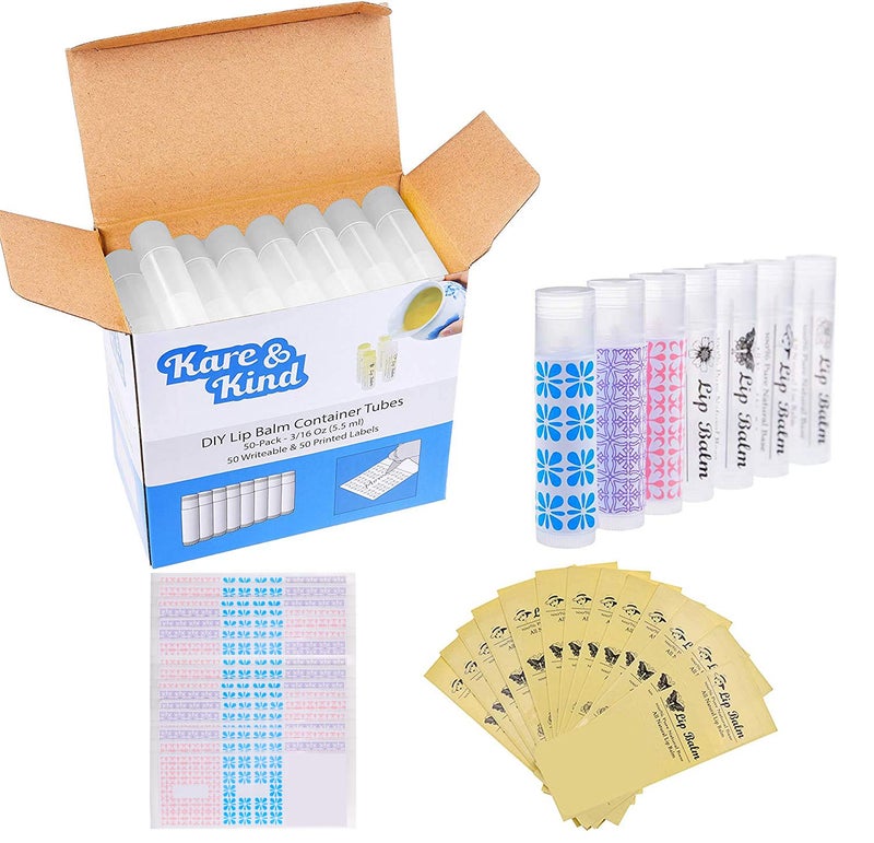 Kare Kind Kare & Kind Lip Balm Crafting Kit - 50x Empty Transparent Container Tubes (3/16 Oz (5.5 ml) With Twist Mechanism Cap - 50 Writeable and 50 Printed Stickers - DIY Kit - Image 1