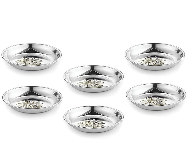KC Stainless Steel Halwa Plate/Snacks Plate/Sweet Dish/Ice Cream Vati/Dessert Dish Heavy Gauge with Laser Design Set of 6 - Image 1