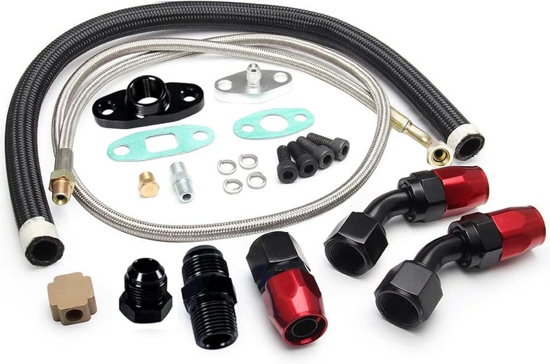 HTRACING Turbo Charger Oil Drain Return Line Oil Feed Complete Kit Fit for T3 T4 GT35 T70 T66 - Image 1