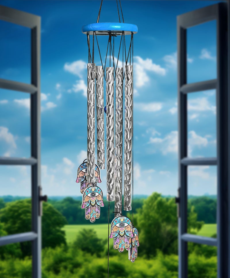 Hindcraft Wind Chimes for Balcony and Home – Hanging Bells for Positive Energy, Home Décor and Room Decoration | Showpieces for Living Room and Gift Items for Women, 6 Hamsa Hand 5 Silver Pipe - Image 2