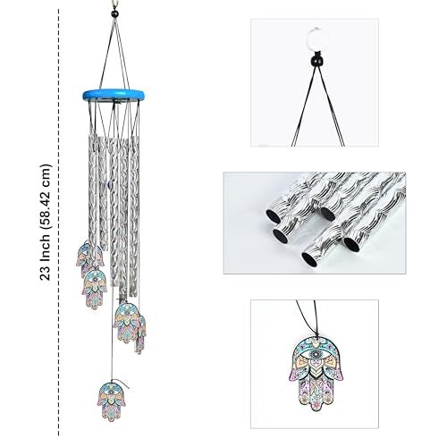 Hindcraft Wind Chimes for Balcony and Home – Hanging Bells for Positive Energy, Home Décor and Room Decoration | Showpieces for Living Room and Gift Items for Women, 6 Hamsa Hand 5 Silver Pipe - Image 3
