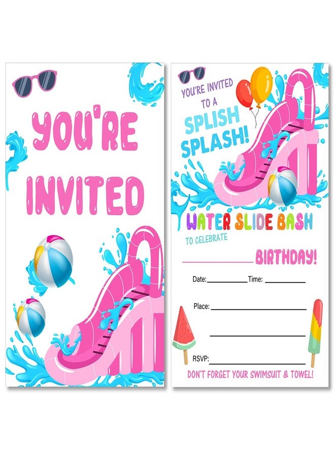 Soiceu Splish Splash Water Slide Bash Party Invitations with Envelopes Set of 20 Summer Pink Waterslide Theme Birthday Party Invites Fill in Blank - Image 1