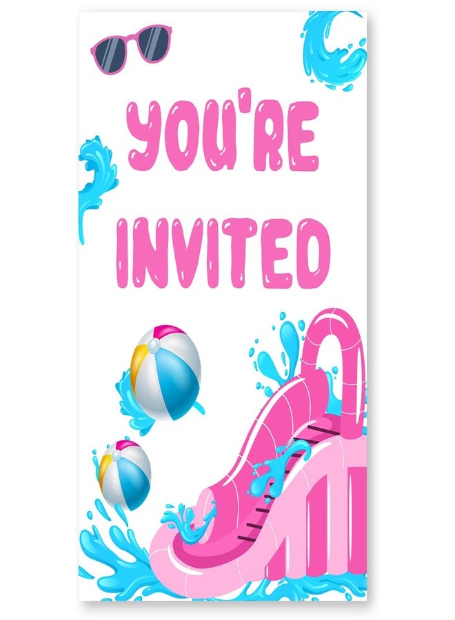 Soiceu Splish Splash Water Slide Bash Party Invitations with Envelopes Set of 20 Summer Pink Waterslide Theme Birthday Party Invites Fill in Blank - Image 2