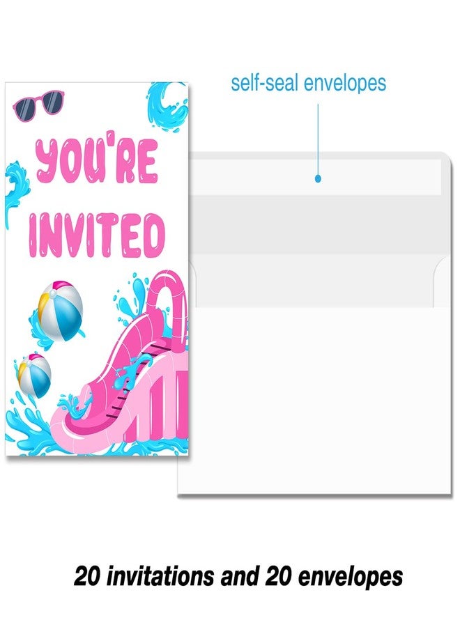 Soiceu Splish Splash Water Slide Bash Party Invitations with Envelopes Set of 20 Summer Pink Waterslide Theme Birthday Party Invites Fill in Blank - Image 3