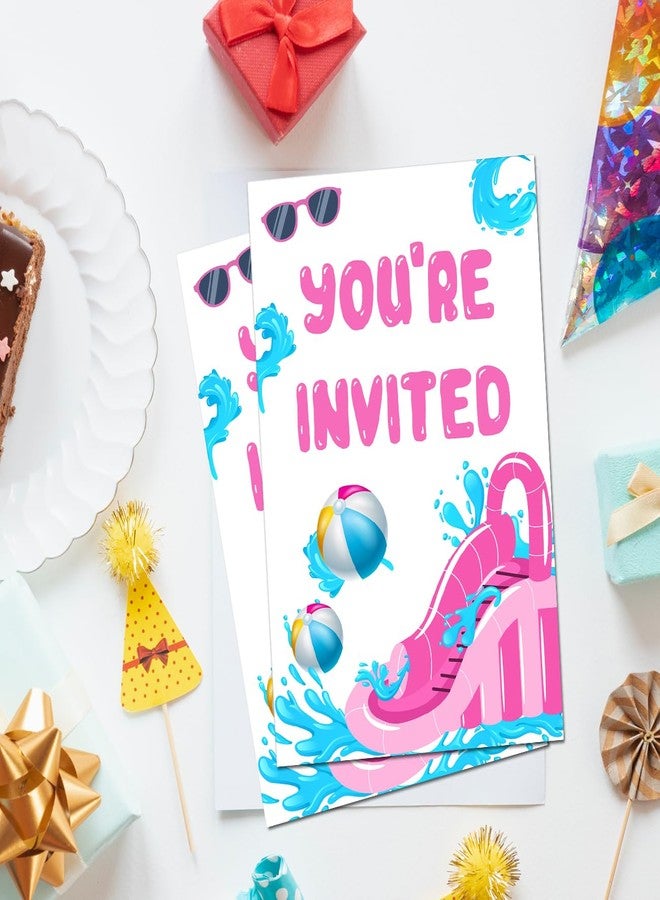 Soiceu Splish Splash Water Slide Bash Party Invitations with Envelopes Set of 20 Summer Pink Waterslide Theme Birthday Party Invites Fill in Blank - Image 5