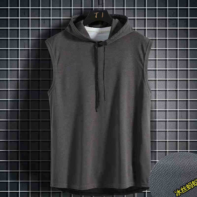 Mens Summer Korean Style Sleeveless T-Shirt Trendy Vest With Hoodie Short Sleeves Sweatshirt Bodycon Tee For Hot Weather Dark gray [hooded vest] 