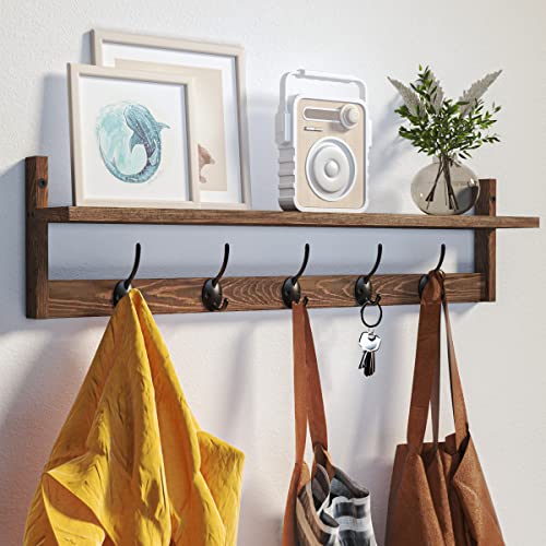 BAMEOS Wall Mounted Coat Rack with Adjustable Easy Install, Rust Proof, Brown Wooden Material, 28.9 Inch Length - Image 1
