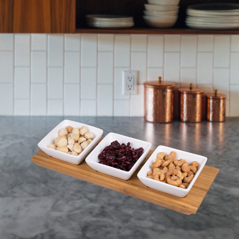 Creative Home 4 pc Stoneware Square Bowls and Natural Bamboo Rectangular Tray Snack Serving Set, White - Image 3