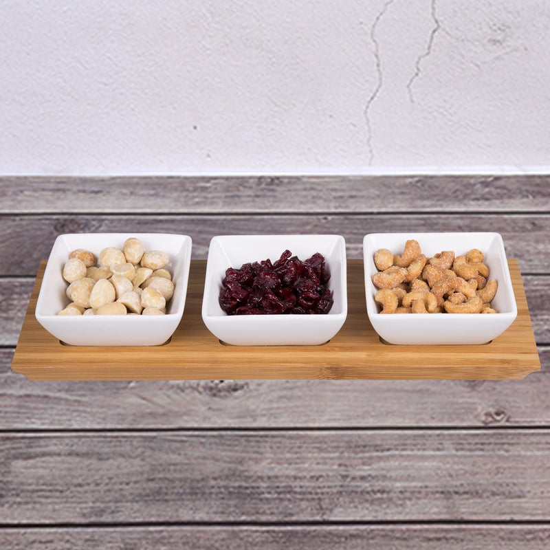 Creative Home 4 pc Stoneware Square Bowls and Natural Bamboo Rectangular Tray Snack Serving Set, White - Image 4