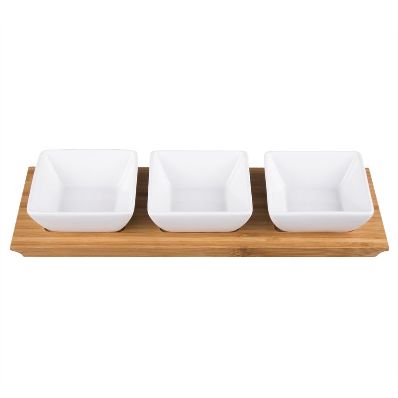 Creative Home 4 pc Stoneware Square Bowls and Natural Bamboo Rectangular Tray Snack Serving Set, White - Image 1