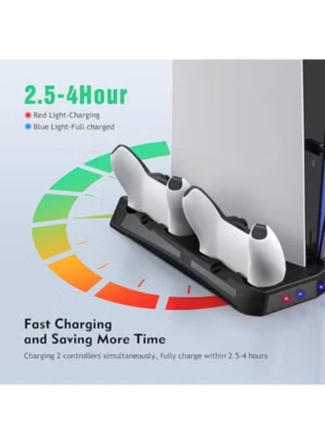 حامل عمودي مع قاعدة تبريد وشحن لجهاز PS5 – شاحن يدين – مروحة تبريد قوية – 3 منافذ USB إضافية – محطة ألعاب متكاملة - Image 2