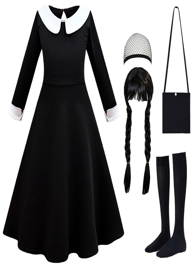 Luzlen Black Costume Girls with Wig Socks Kids Toddler Family Dress Halloween Cosplay Outfits, Black, 6-7Y(Tag 140) - Image 1