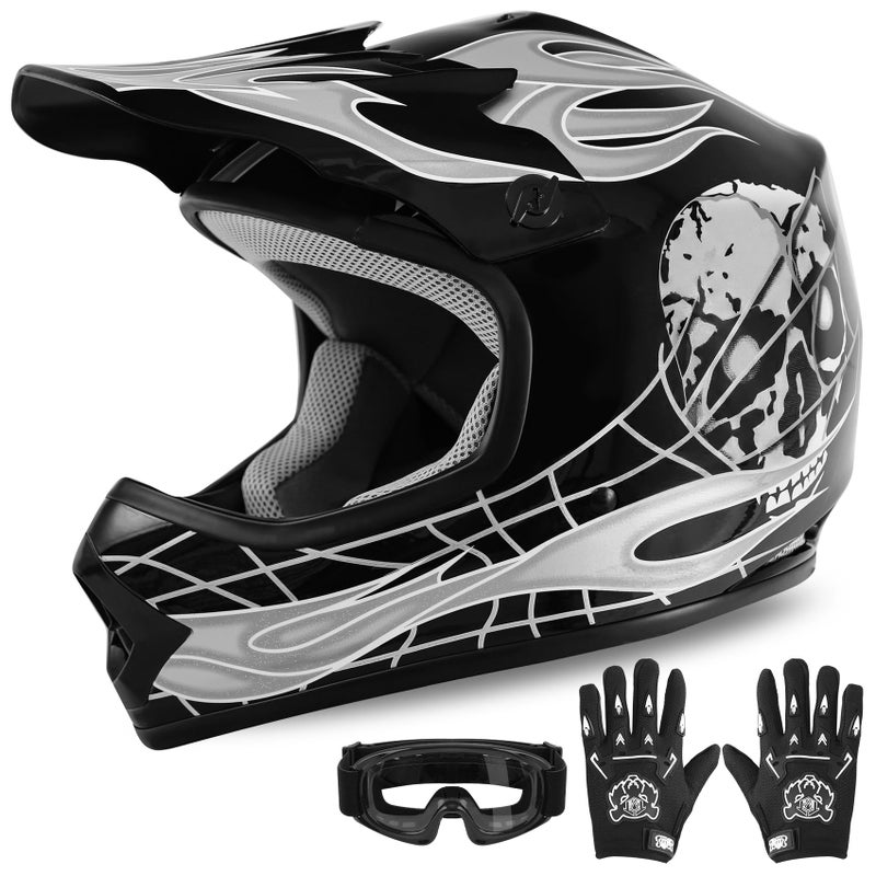 XFMT Kids Dirt Bike Helmet Youth Motorcycle Helmet DOT-Certified Full Face Helmets for Motocross ATV Off-Road Street Bike with Goggles & Gloves, Black Skull Small - Image 1