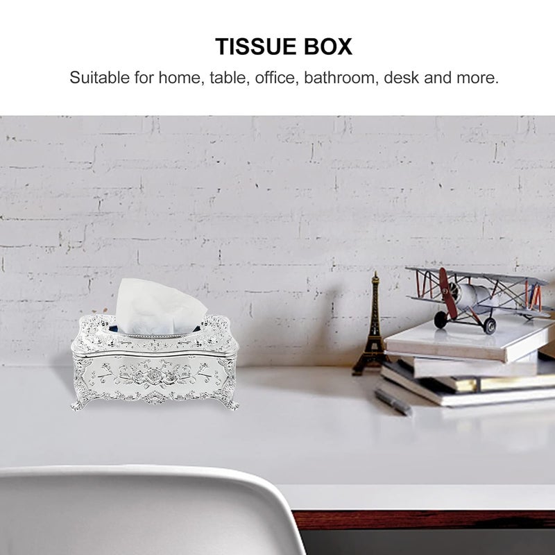Cazuela Tissue Holder Box European Style Napkin Case Grade Napkin Holder Rose Patterned Tissue Box Tissue Paper Dispenser Facial Wipes Box Cover Silver White - Image 5