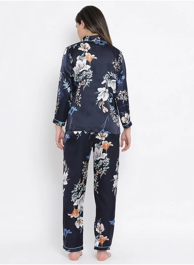 Clovia Floral Print Button Down Shirt & Pyjama Set by Styli