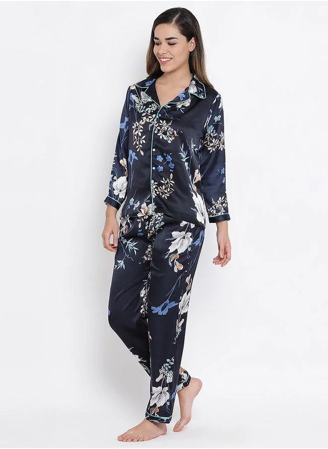 Clovia Floral Print Button Down Shirt & Pyjama Set by Styli
