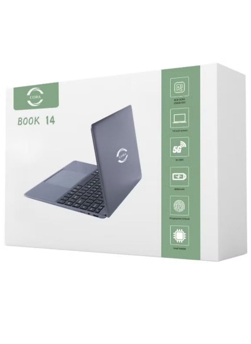 كورا - لابتوب كورا، شاشة 14 بوصة، رفيع وخفيف الوزن، معالج إنتل N4000، ذاكرة وصول عشوائي 8 جيجابايت، قرص SSD سعة 256 جيجابايت، بطاقة رسومات إنتل عالية الدقة، نظام التشغيل ويندوز 10، يدعم اللغتين الإنجليزية والعربية، رمادي - Image 1