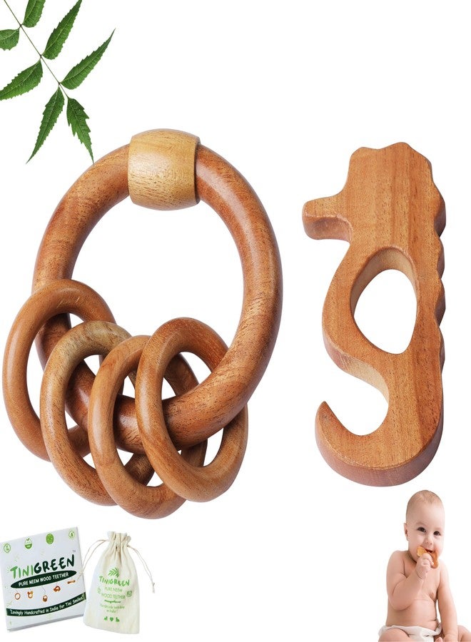 TINIGREEN Neem Wooden Baby Teether Natural Neem Wood Teething Toy for Infants 3–12 Months Chemical-Free, Handcrafted Baby Teether (Pack of 2) (Seahorse-Rattle) - Image 1