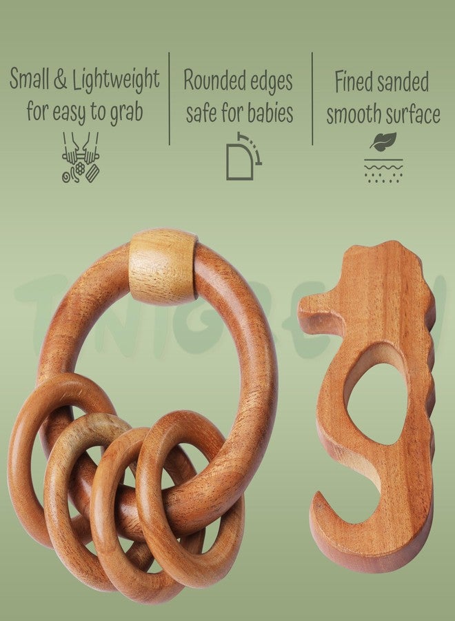 TINIGREEN Neem Wooden Baby Teether Natural Neem Wood Teething Toy for Infants 3–12 Months Chemical-Free, Handcrafted Baby Teether (Pack of 2) (Seahorse-Rattle) - Image 2