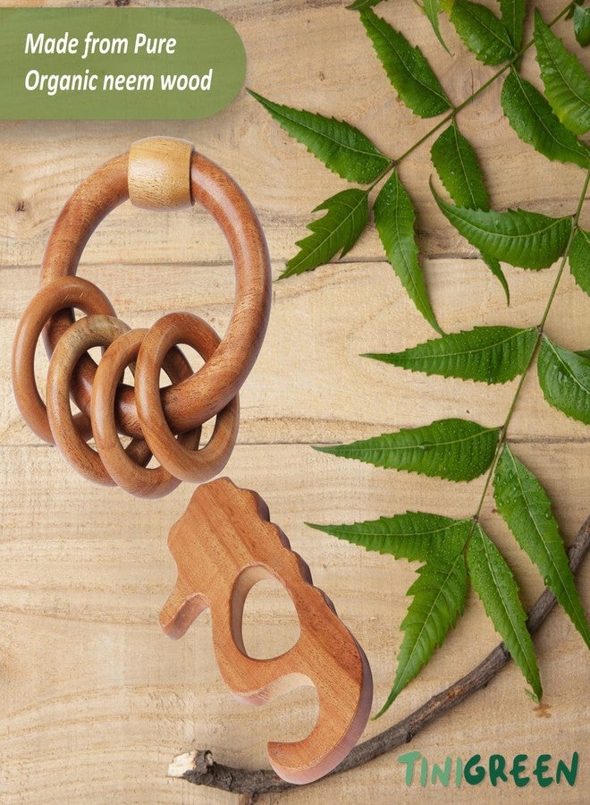 TINIGREEN Neem Wooden Baby Teether Natural Neem Wood Teething Toy for Infants 3–12 Months Chemical-Free, Handcrafted Baby Teether (Pack of 2) (Seahorse-Rattle) - Image 3