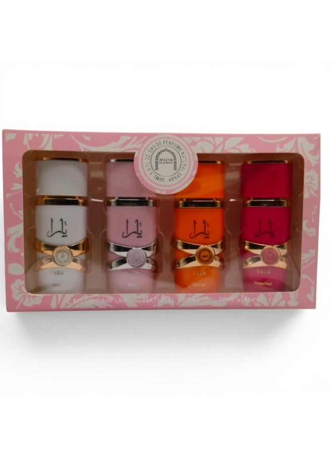 يارا - مجموعة هدايا عطر نسائي طويل الأمد - رائحة زهرية وفواكه - 4 زجاجات × 30 مل - أبيض، وردي، برتقالي، وردي أحمر - Image 1
