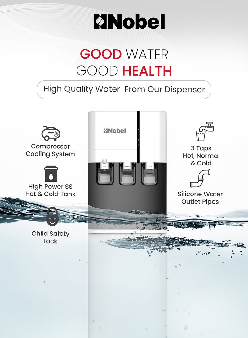 Nobel Water Dispenser, 3 Taps, Hot, Normal, Cold, Bottom Loading, Child Safety Lock NWD800BL White - Image 3