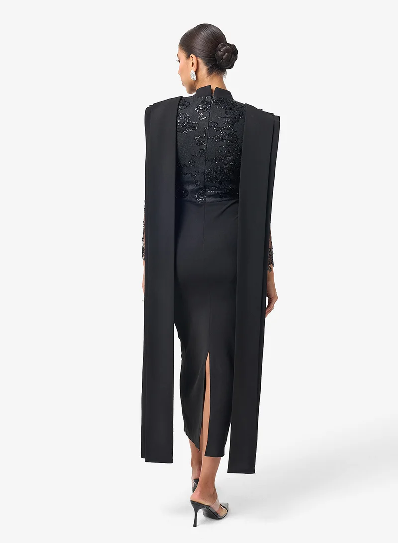 Threadz by Ajooni Embellished Long Sleeve Lace Detail Midi Dress
